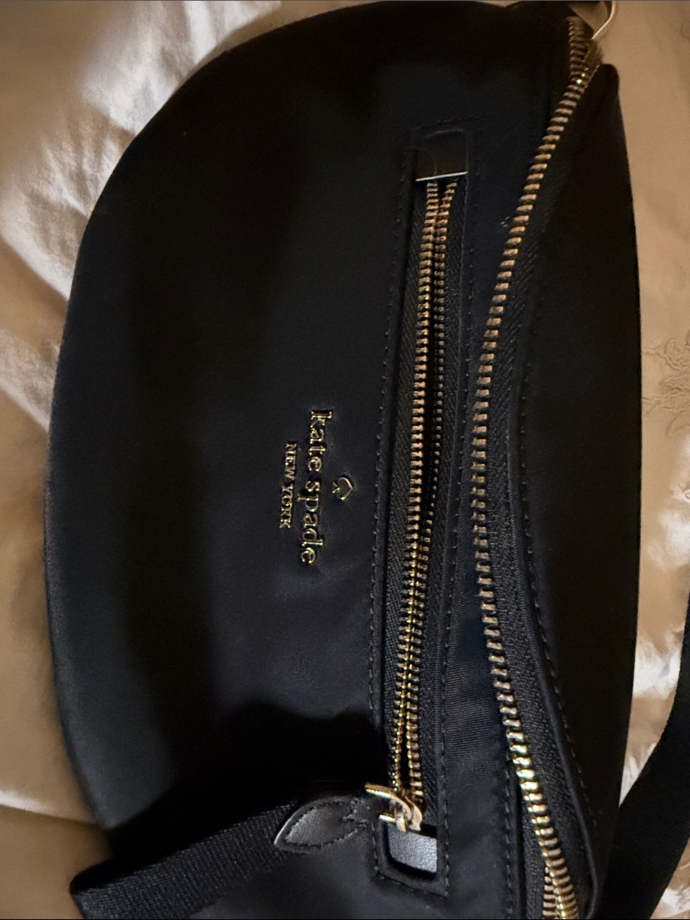 kate spade black crossbody with gold hardware and front zip belt bag nylon